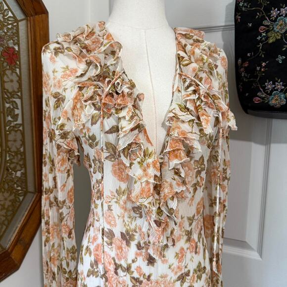 Zimmermann Cream Silk & Peach Floral Pattern Ruffled Long Sleeve Sheer Top 0/XS - Picture 2 of 8